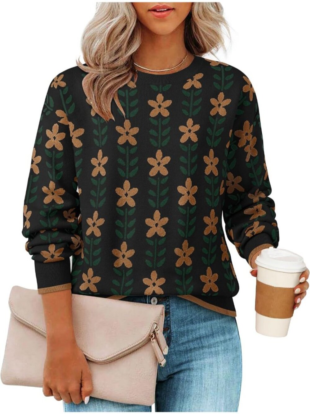 Women's Black Long Sleeve Crewneck Printed Knitted Oversized Pullover Sweaters